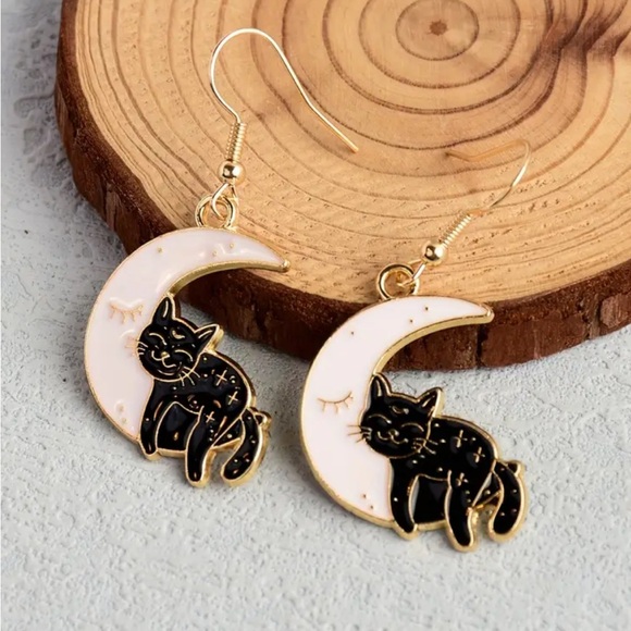 Enamel Moon Black Cat Dangle Earrings - Picture 2 of 3